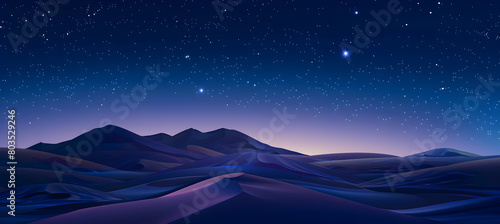 Twilight over the desert with silhouetted sand dunes under a starry sky, capturing the tranquil night atmosphere