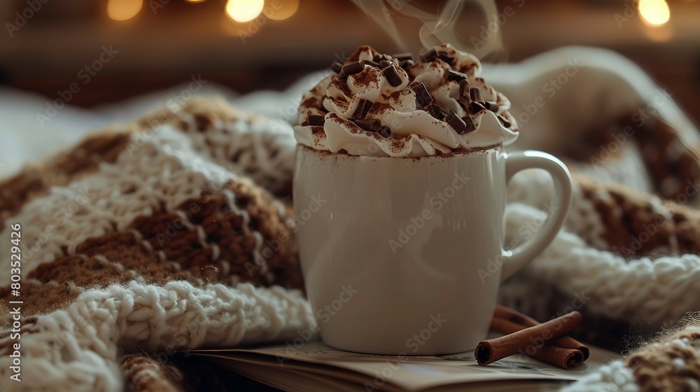 A warm cup of hot chocolate topped with whipped cream and chocolate shavings, resting on an open book with a knitted scarf in the background. A warm cup of hot chocolate topped with whipped cream and chocolate shavings, resting on an open book with a knitted scarf in the background.