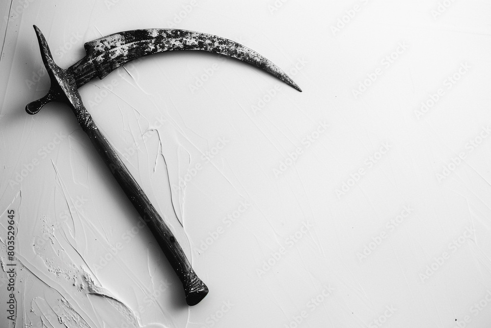 A minimalist portrayal of conflict a battle sickle against a canvas of clean white.