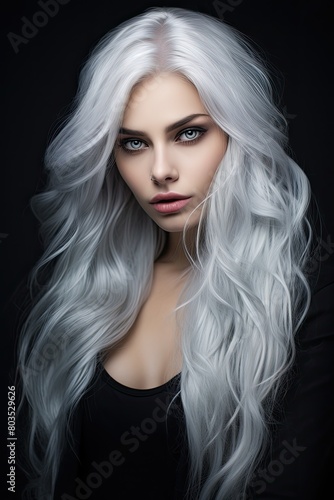 Striking silver-haired woman with intense gaze