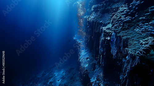 Underwater cliff of a continental shelf, showing a vertical drop and the contrast between shallow water marine life and the deeper ocean's darkness photo