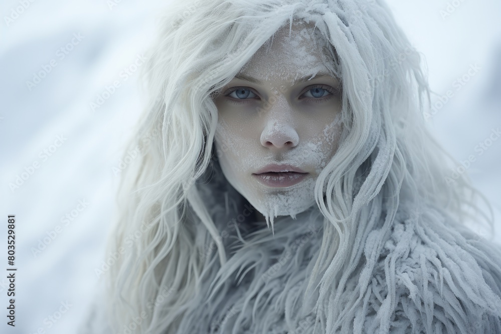 Icy winter portrait of a woman with long, flowing white hair