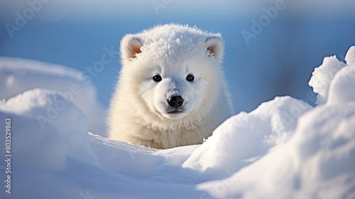 Adorable white polar bear cub in snowy landscape