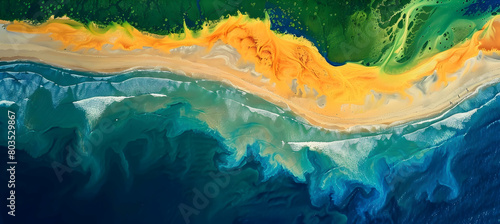 Vibrant aerial shot of a river estuary merging into the sea, highlighting the distinct coloration where fresh water meets saltwater