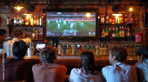 Friends watch sport tv in the pub. Soccer or football fans High quality AI generated image