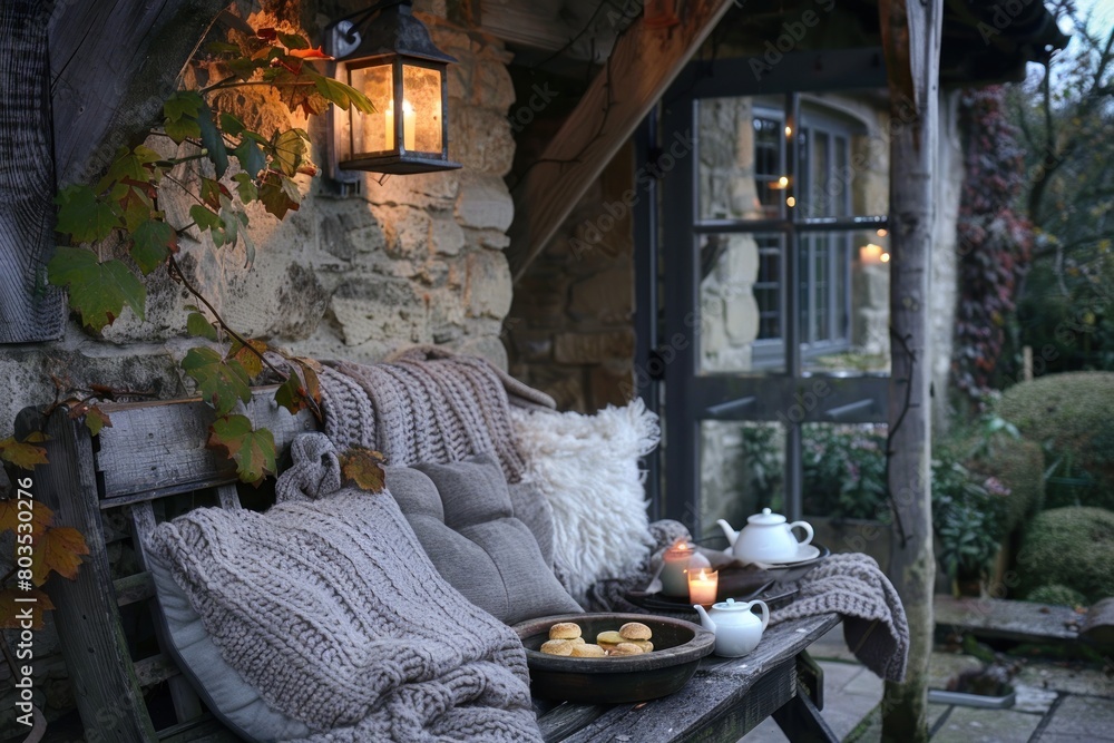 A cozy outdoor setting with a bench and a table with a teapot and a bowl of cookies
