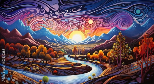 vibrant psychedelic landscape with mountains, river, and sunset