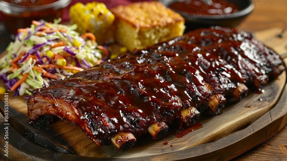 A close-up image showcasing a full rack of barbecue ribs glazed in sauce, accompanied by coleslaw and cornbread on a wooden serving platter. A close-up image showcasing a full rack of barbecue ribs glazed in sauce, accompanied by coleslaw and cornbread on a wooden serving platter.