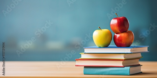 Apples and books on a wooden table