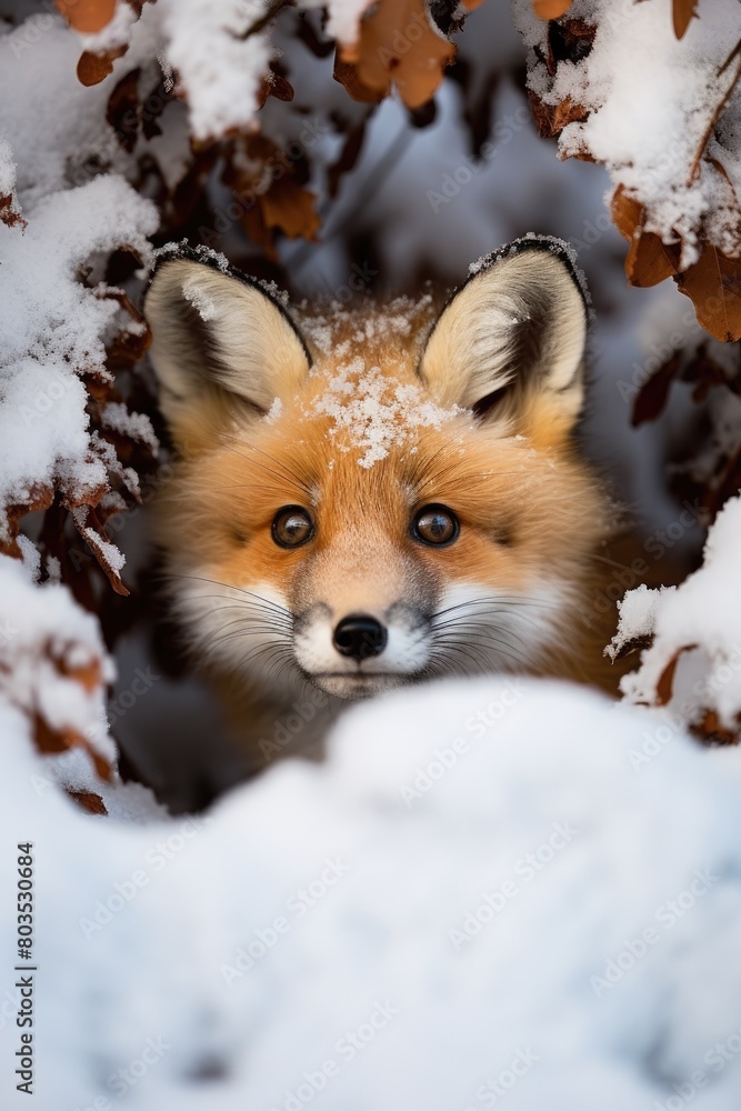 Obraz premium Curious fox peeking through snowy branches