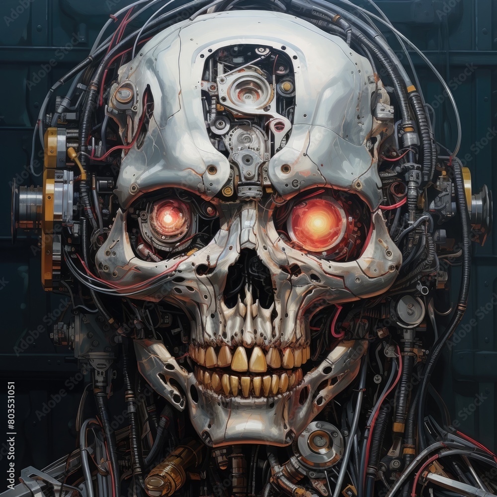 Fototapeta premium Futuristic robotic skull with glowing red eyes