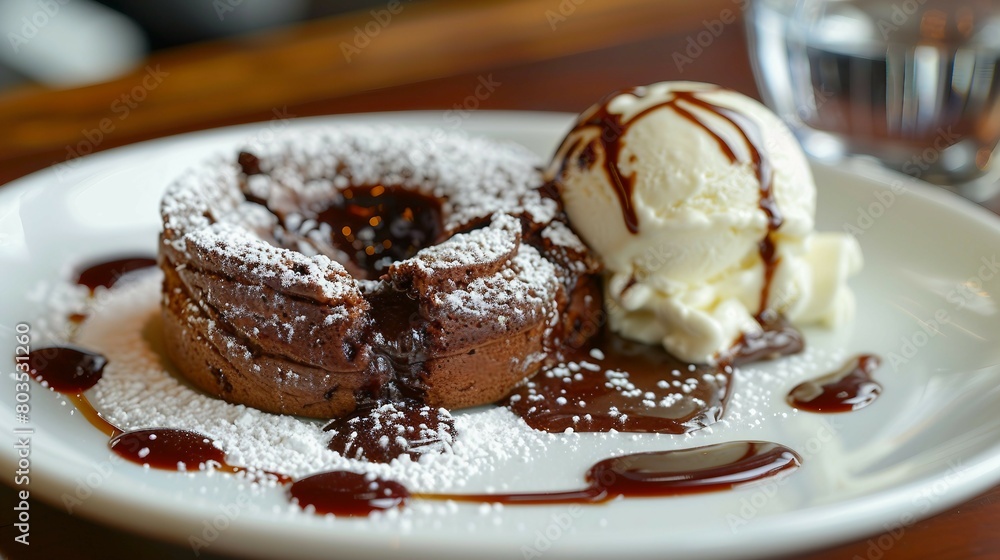 A freshly baked chocolate lava cake dusted with powdered sugar, accompanied by a scoop of vanilla ice cream and drizzled with chocolate syrup. A freshly baked chocolate lava cake dusted with powdered sugar, accompanied by a scoop of vanilla ice cream and drizzled with chocolate syrup.