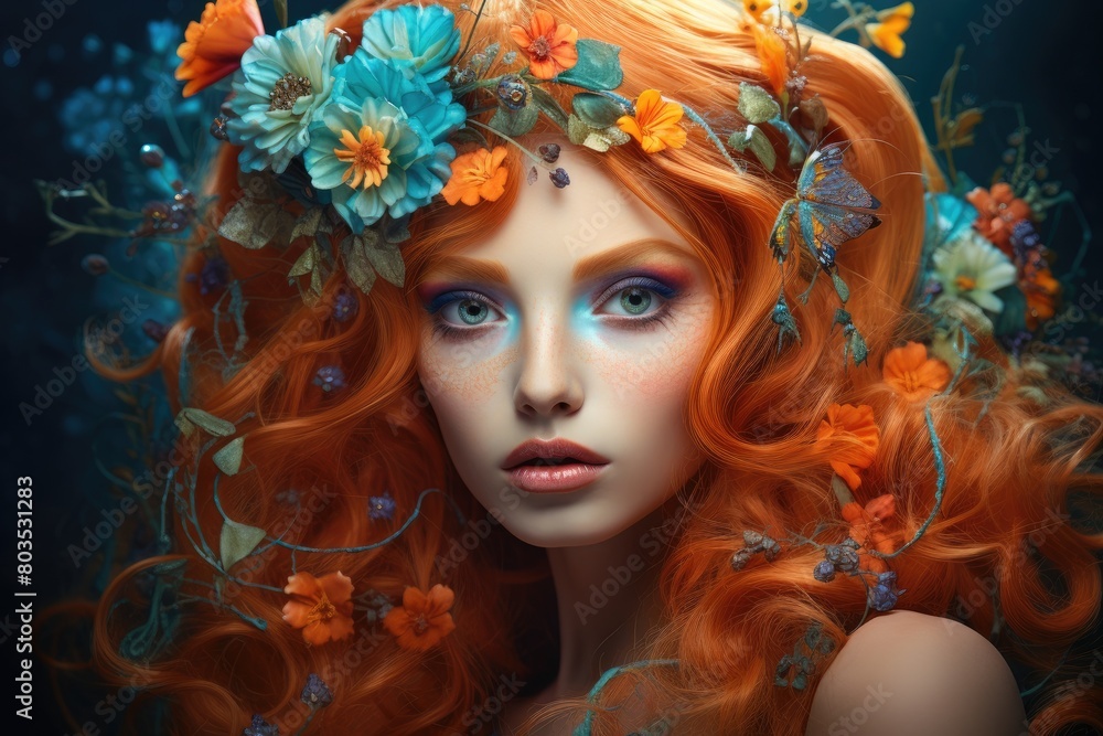 Enchanting portrait of a woman with vibrant red hair and floral crown Enchanting portrait of a woman with vibrant red hair and floral crown