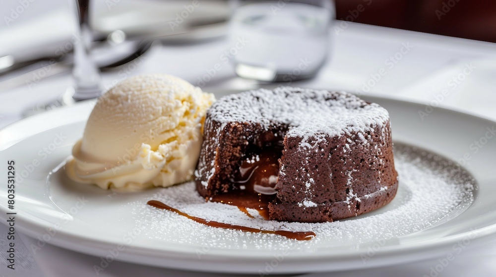 A freshly baked molten chocolate cake dusted with powdered sugar, accompanied by a scoop of vanilla ice cream, served on a white plate. A freshly baked molten chocolate cake dusted with powdered sugar, accompanied by a scoop of vanilla ice cream, served on a white plate.