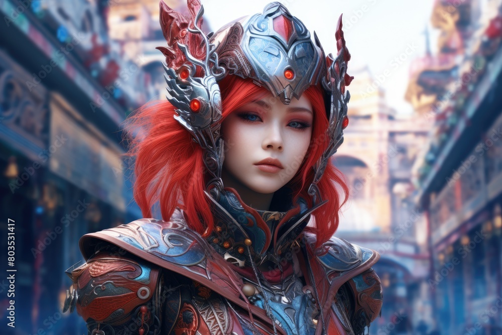 fantasy warrior woman with red hair and ornate armor