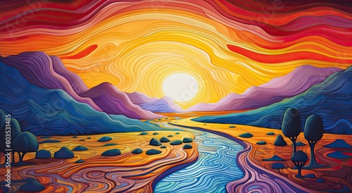 Vibrant abstract landscape with colorful sunset