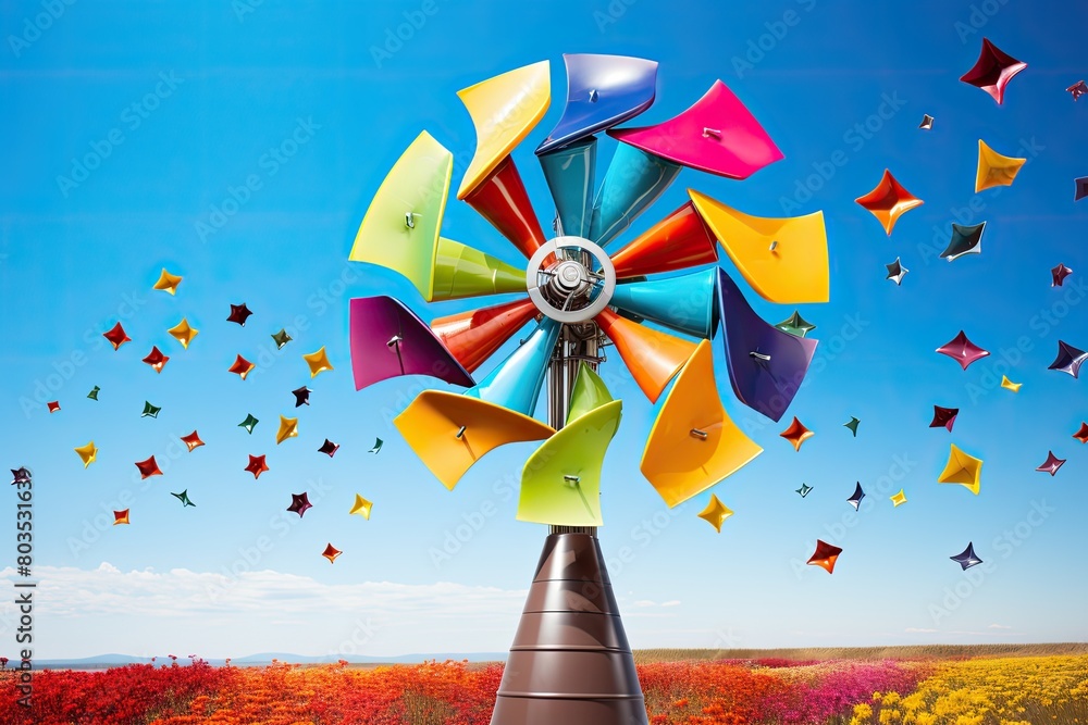 Colorful windmill with stars in vibrant field Colorful windmill with stars in vibrant field