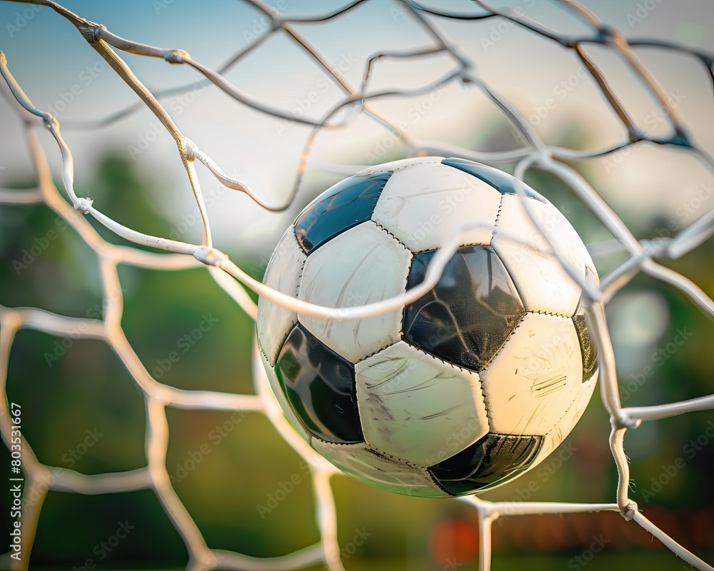 Naklejka premium Soccer ball in goal and goal net, football High quality AI generated image