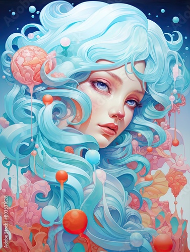 dreamy fantasy portrait of a woman with flowing blue hair