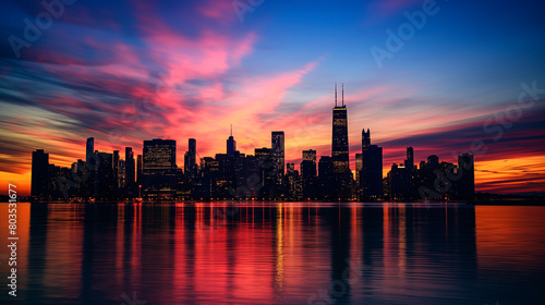 silhouette of a city skyline against the colorful hues of a sunset or twilight sky. The lights of skyscrapers and buildings begin to twinkle as the city