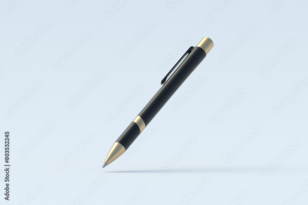 Falling pen on gray background. Ink ballpoint. School accessories. Office supplies. Stationery for education. 3d render Falling pen on gray background. Ink ballpoint. School accessories. Office supplies. Stationery for education. 3d render