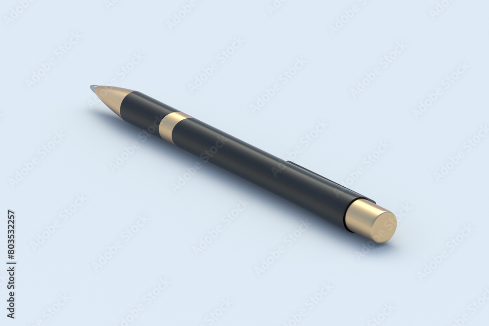 Black pen on gray background. Ink ballpoint. School accessories. Office supplies. Stationery for education. 3d render Black pen on gray background. Ink ballpoint. School accessories. Office supplies. Stationery for education. 3d render