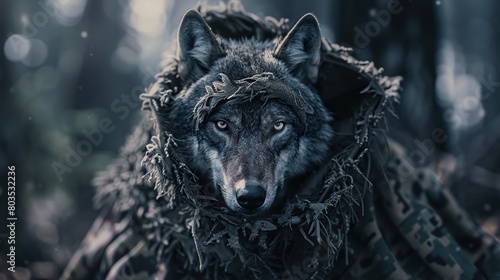 Night Hunter, Stealthy Wolf in Camouflaged Outfit. Generative Ai