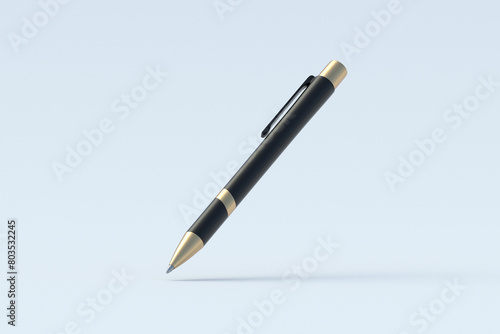 Falling pen on gray background. Ink ballpoint. School accessories. Office supplies. Stationery for education. 3d render