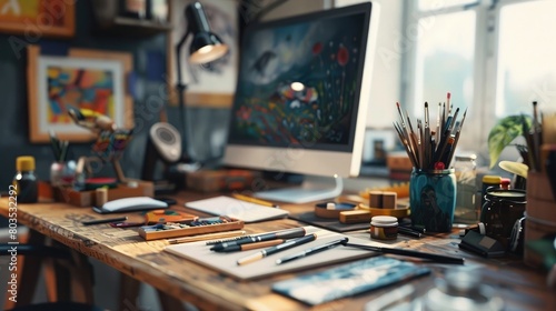 Graphic artist's workspace with design and drawing supplies