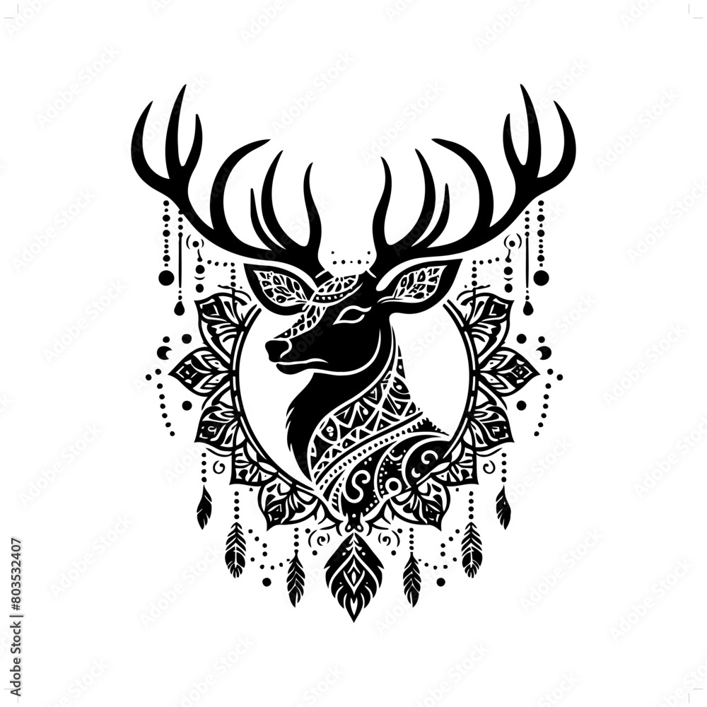 Reindeer silhouette in bohemian, boho, nature illustration