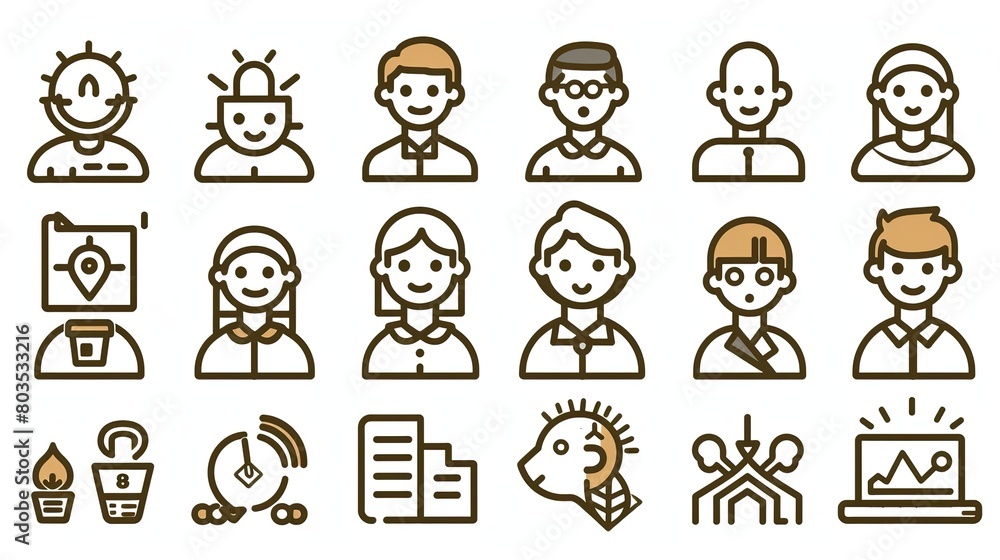 A set of outline people icons with a variety of features including facial expressions, hairstyles, and clothing. A set of outline people icons with a variety of features including facial expressions, hairstyles, and clothing.