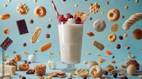 Floating Feast - Depict an array of snack foods floating around a central glass of milk, showcasing variety in a unified color scheme.