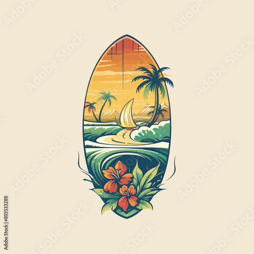 Surfboard with tropical island and palm trees, vector illustration. © Uzzi1001