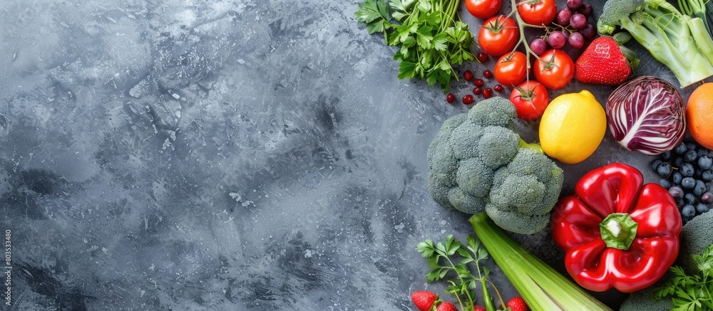 Flat lay food concept featuring fresh fruits and vegetables arranged on a gray background with space for text. Flat lay food concept featuring fresh fruits and vegetables arranged on a gray background with space for text.