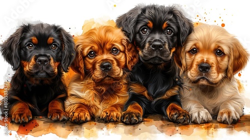 Four adorable puppies of different breeds are sitting in a row against a white background with watercolor paint splatters.