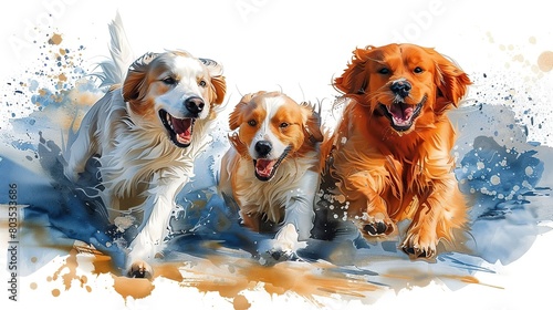 Three happy dogs running and splashing in the water