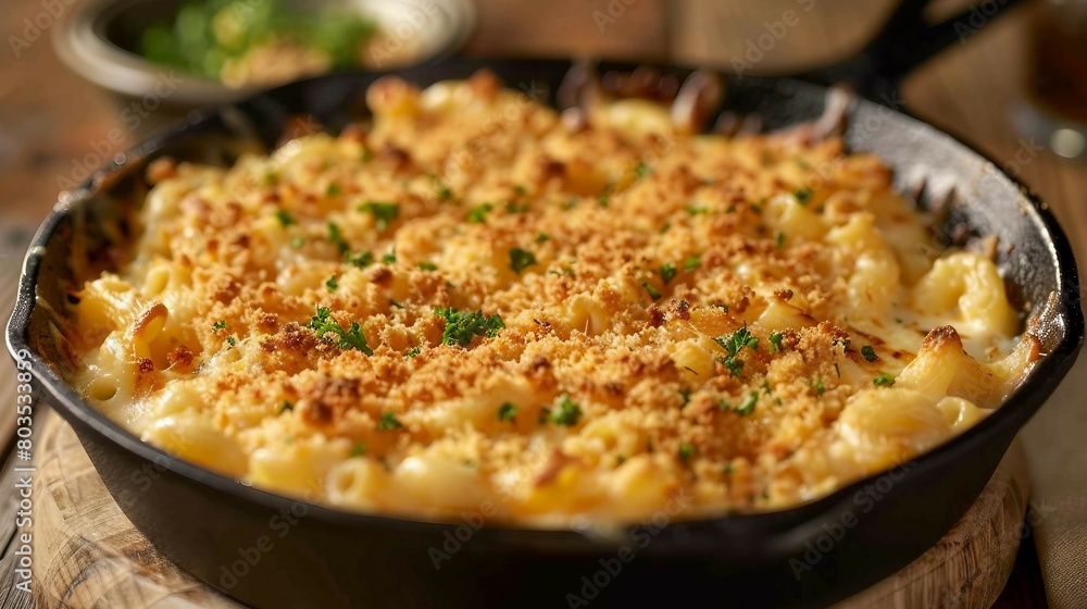 A close-up image of a skillet filled with golden-baked macaroni and cheese, topped with breadcrumbs and garnished with herbs. A close-up image of a skillet filled with golden-baked macaroni and cheese, topped with breadcrumbs and garnished with herbs.