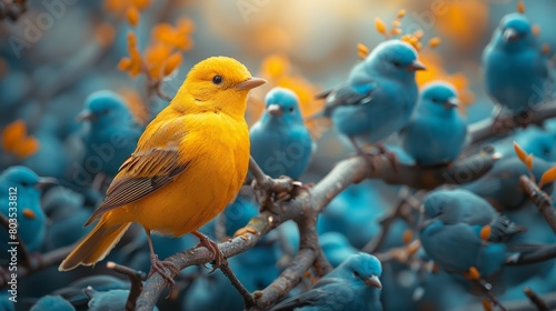 Vibrant yellow bird among blue companions