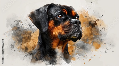 A boxer dog with a black and brown coat, looking off to the side with a serious expression on its face. The background is a watercolor of brown and black paint.