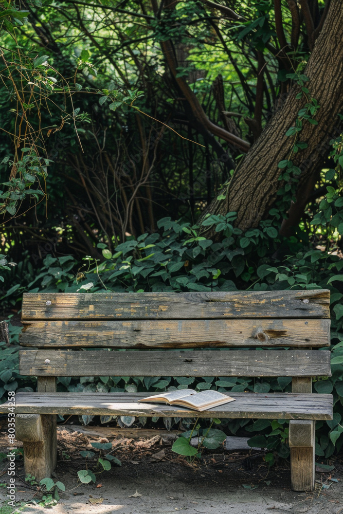 Rustic wooden bench in a garden with a book Rustic wooden bench in a garden with a book
