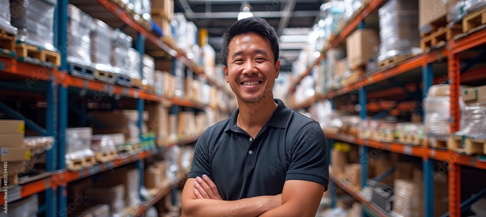 In a portrait, an Asian male warehouse employee stands in the storage space, smiling. In a portrait, an Asian male warehouse employee stands in the storage space, smiling.