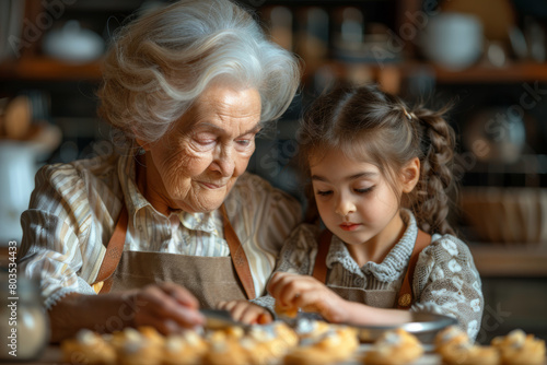 Upper body shot of a joyful grandma and her grandchild measuring ingredients for cookies in a kitchen.. AI generated.