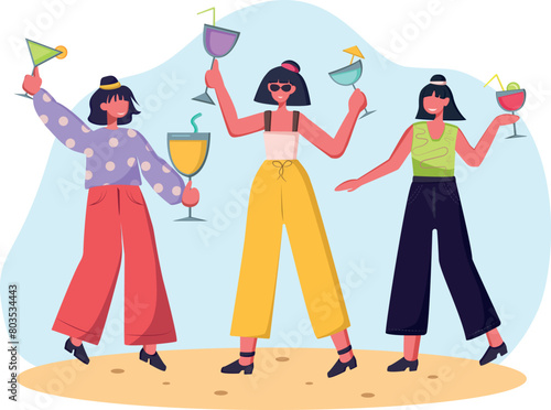 Girls have fun relaxing on the beach in summer