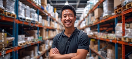 In a portrait  an Asian male warehouse employee stands in the storage space  smiling.