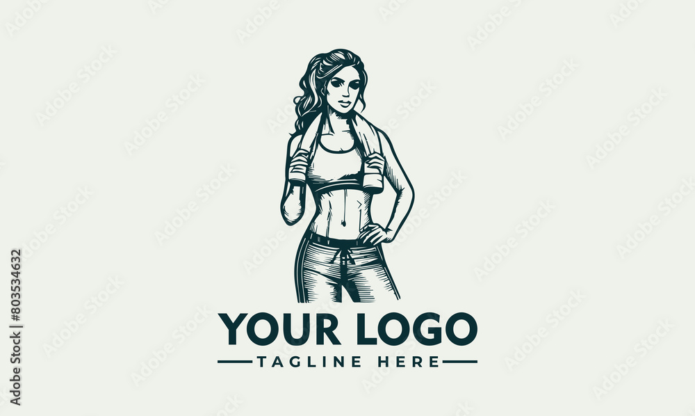 sportswoman logo vector healthy beautiful sportswoman wearing tracksuit Hand drawn in thin line style vector logo designs