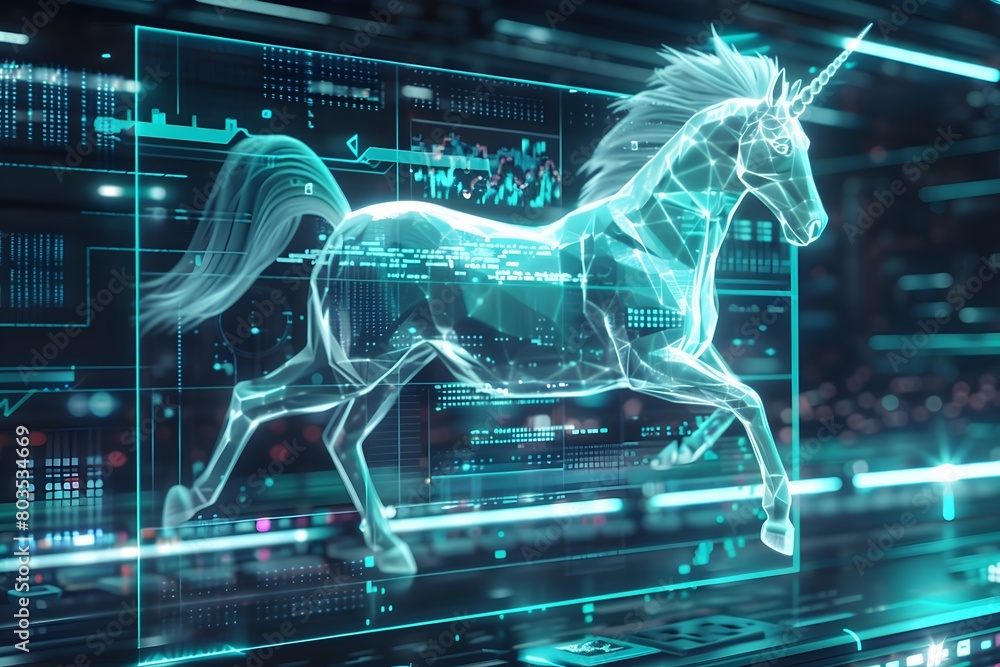 A unicorn is running through a digital world. The image is a representation of a fantasy world, with the unicorn being the main focus. The digital world is filled with various elements
A unicorn is running through a digital world. The image is a representation of a fantasy world, with the unicorn being the main focus. The digital world is filled with various elements