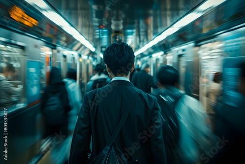 A man in a suit is walking through a crowded subway station. The scene is blurry and the man is the only one in focus. Scene is busy and chaotic  with many people walking around and carrying bags