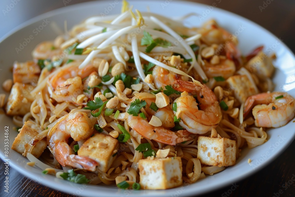 A close-up view of a plate of shrimp pad Thai garnished with bean sprouts, peanuts, and fresh herbs. A close-up view of a plate of shrimp pad Thai garnished with bean sprouts, peanuts, and fresh herbs.