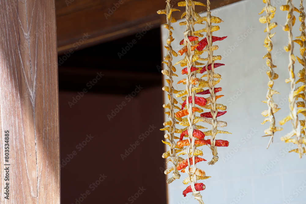 Obraz premium 縁側に干された唐辛子