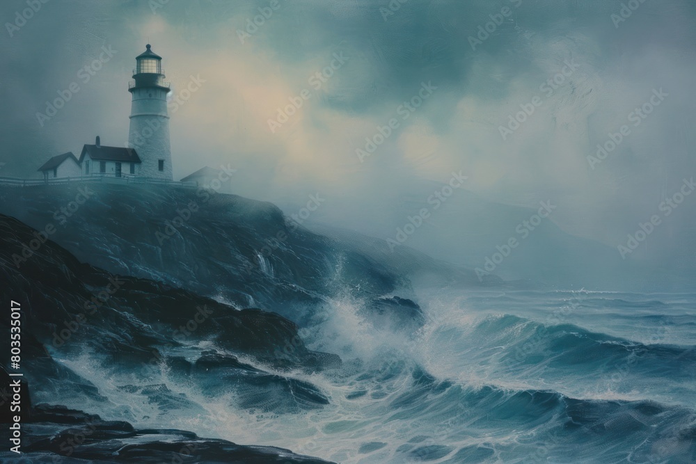 A lighthouse is on a rocky shoreline with crashing waves